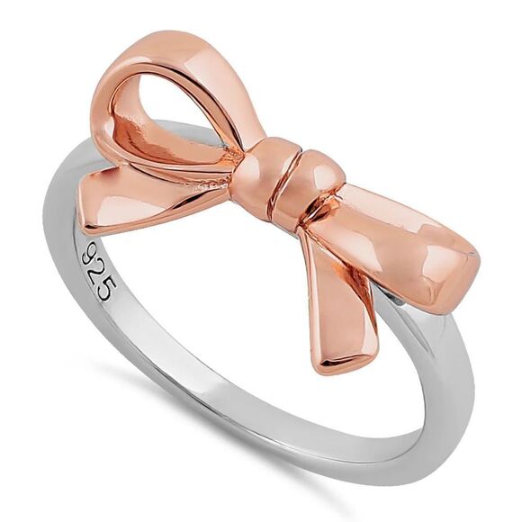 Sterling Silver Two Tone Rose Gold Plated Bow Ring New - Picture 1 of 4